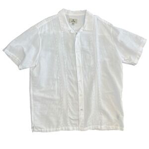 Solitude Mens White Linen Cotton Embroidered Guayabera Shirt XL Short Sleeve